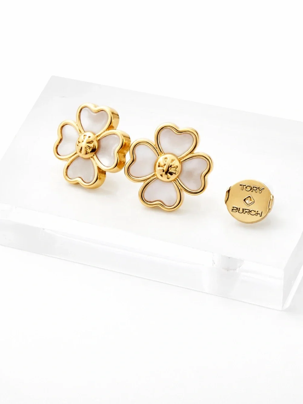 Tory Burch Forget Me Not Mother-of-Pearl Four-Leaf Clover Metal Stud Earrings